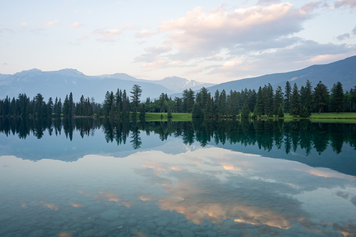 A lake with a reflective surface